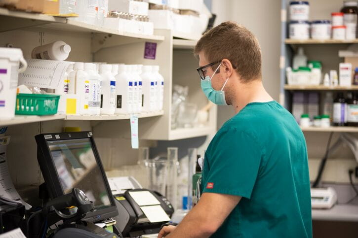 Pharmacist working at a computer