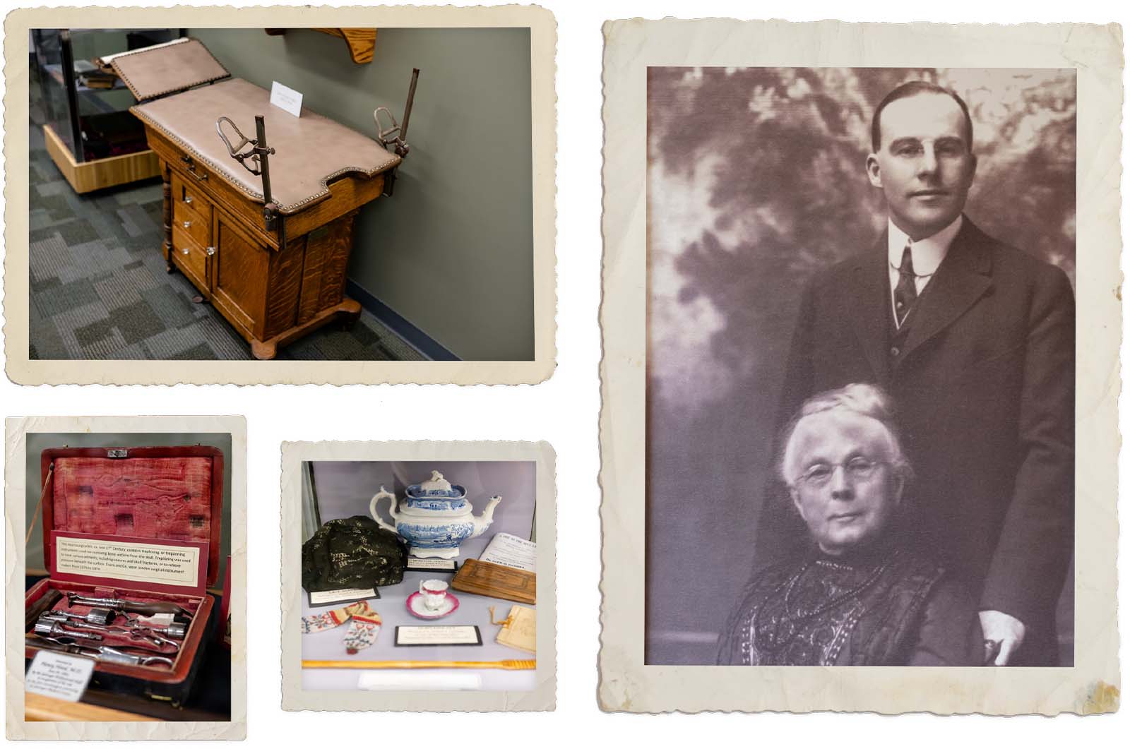 Oak exam table (circa 1900); portrait of Abigail Geisinger with Harold Foss, MD; teapot and other items that belonged to Abigail Geisinger; late 17th-century neurosurgical instrument kit.